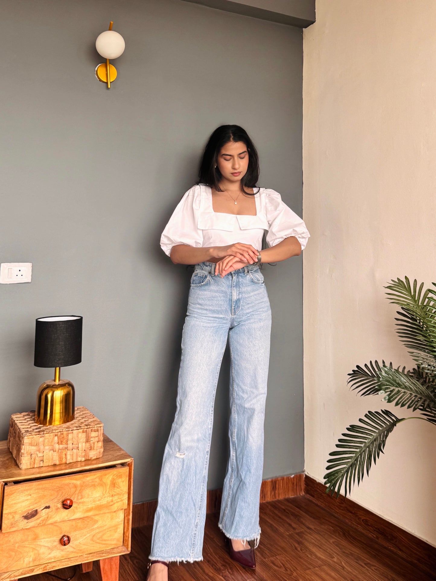 White Crop Puff Top